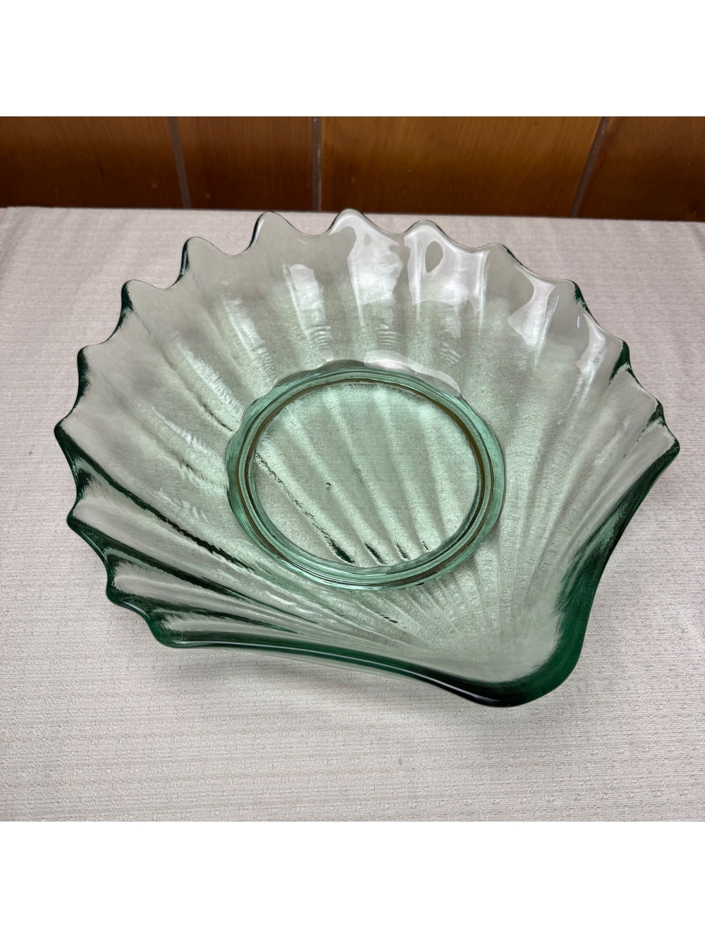 Vintage Spanish Recycled Green Art Glass Sea Shell Bowl Heavy Coastal Decor 11”